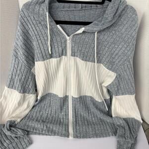 Gray and White Women's Hooded Cardigan